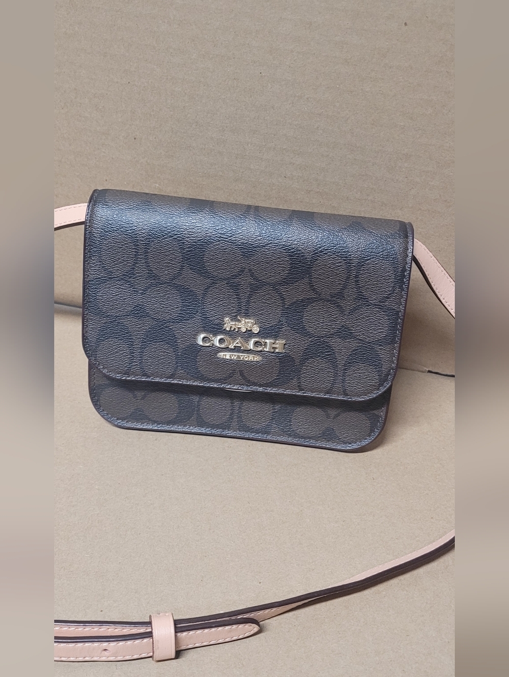 Coach Brown Signature Crossbody with Pink Strap